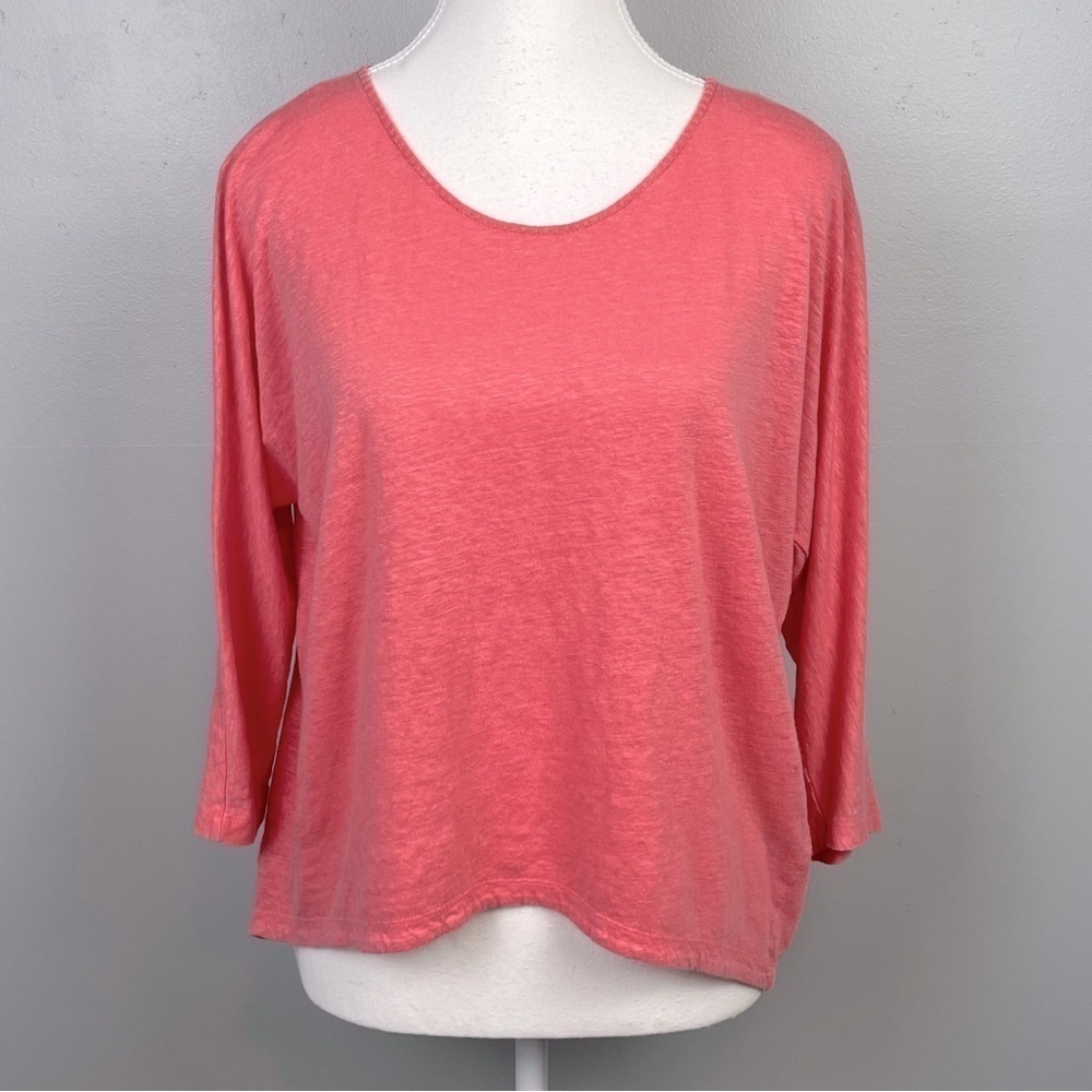 Eileen Fisher Petites 100% linen coral 3/4 sleeve high low lagenlook top, small.